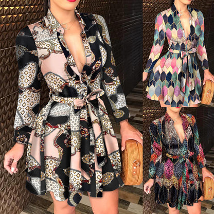 Printed A-Line Mini Dress with V-Neck and Tie-Waist