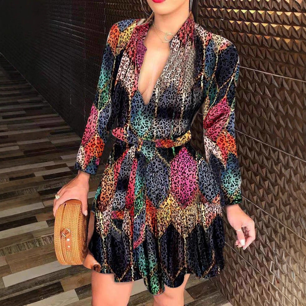 Printed A-Line Mini Dress with V-Neck and Tie-Waist