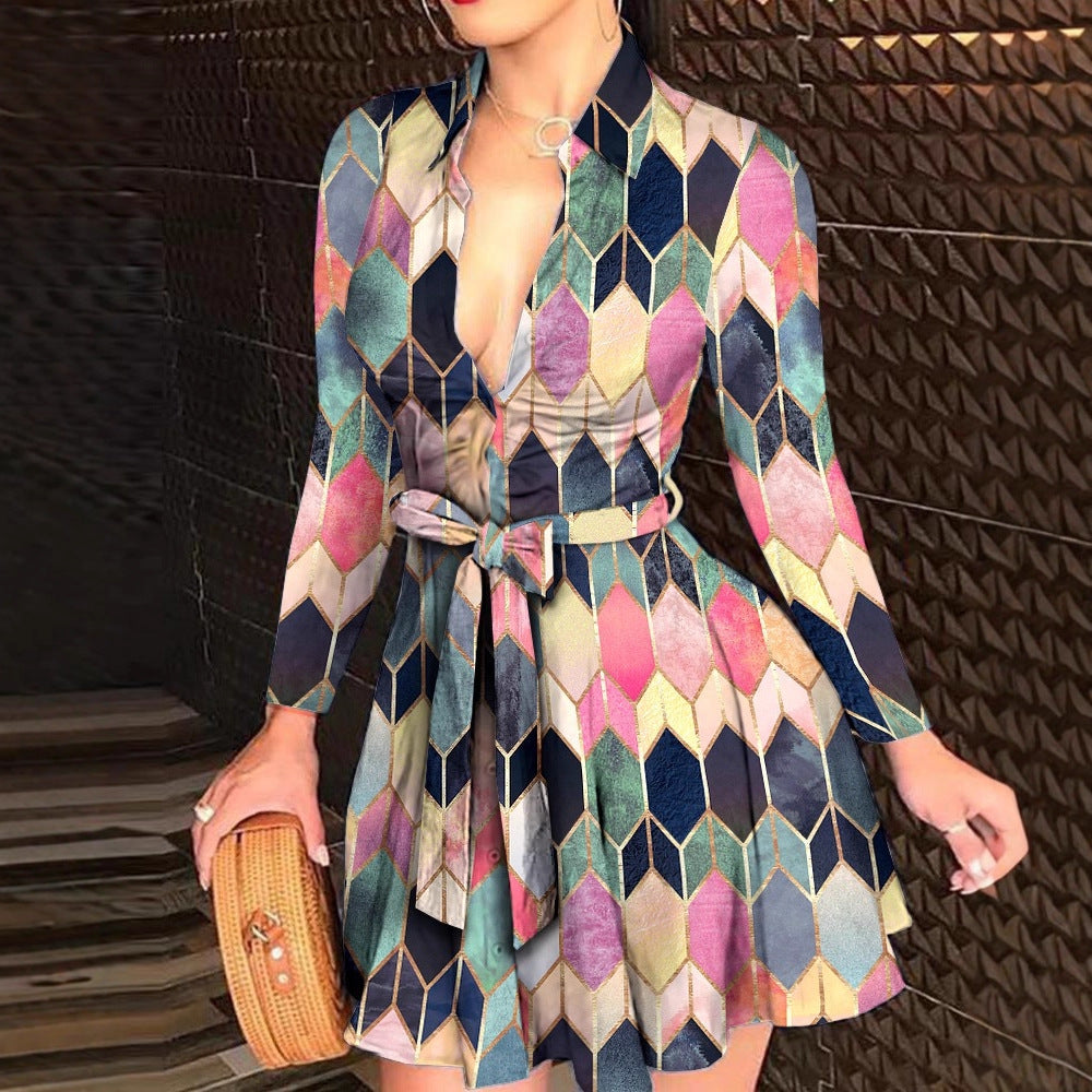 Printed A-Line Mini Dress with V-Neck and Tie-Waist