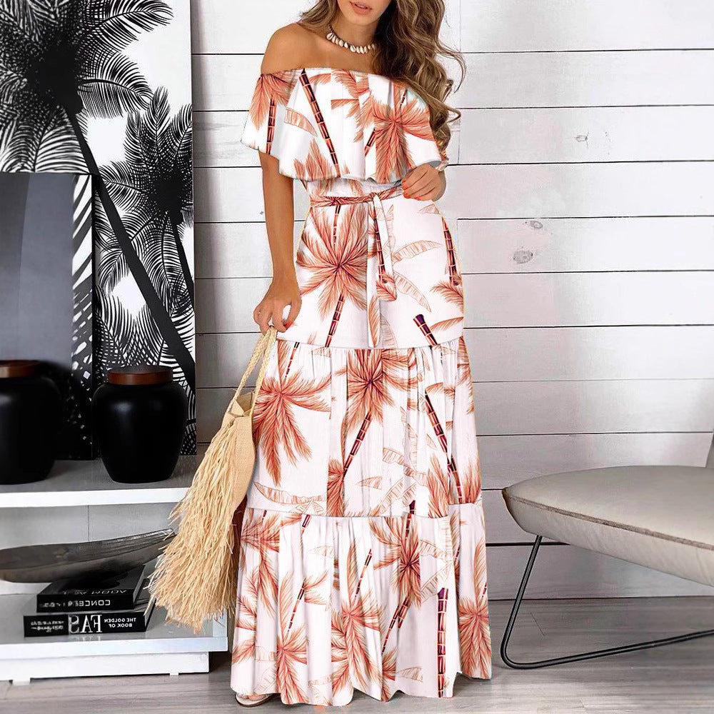 Printed Off-Shoulder Maxi Dress with Ruffled Top