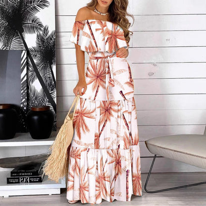Printed Off-Shoulder Maxi Dress with Ruffled Top