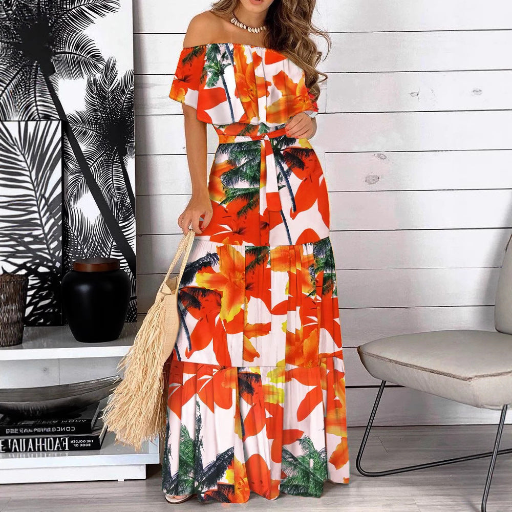 Printed Off-Shoulder Maxi Dress with Ruffled Top