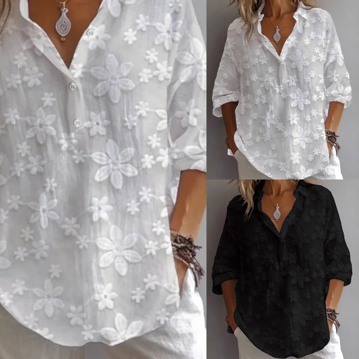 Floral Embroidered Blouse with V-Neck and 3/4 Sleeves
