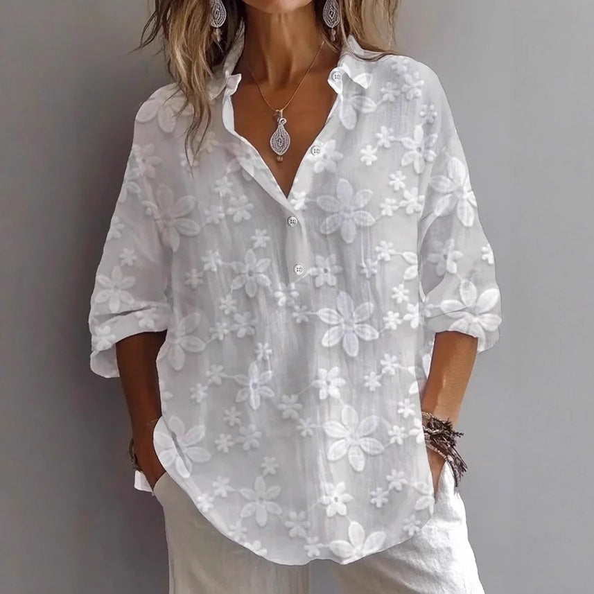 Floral Embroidered Blouse with V-Neck and 3/4 Sleeves