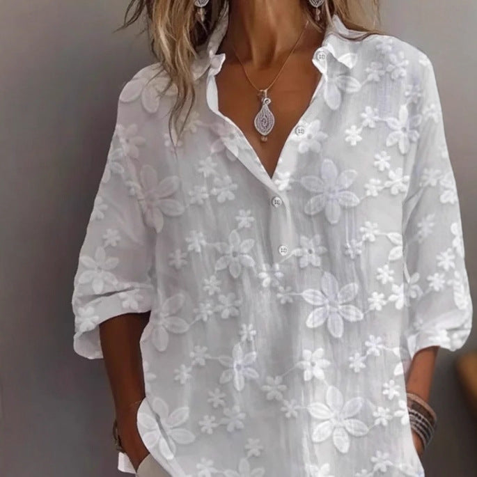 Floral Embroidered Blouse with V-Neck and 3/4 Sleeves