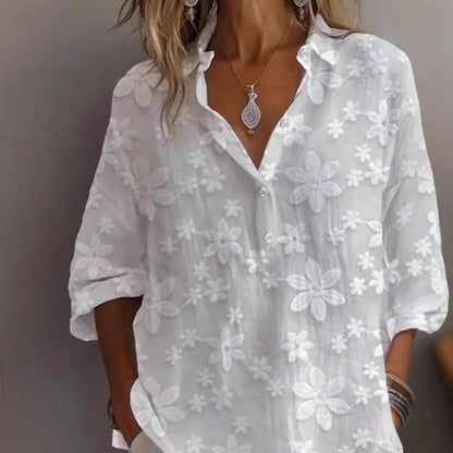 Floral Embroidered Blouse with V-Neck and 3/4 Sleeves