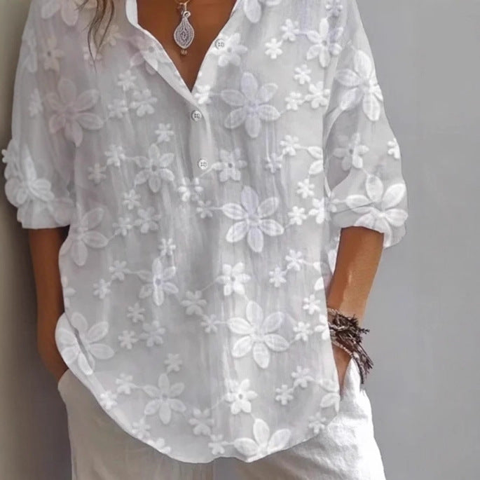 Floral Embroidered Blouse with V-Neck and 3/4 Sleeves