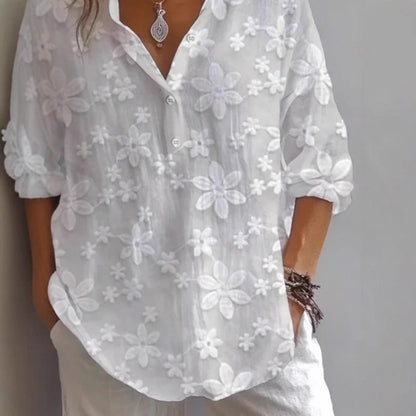 Floral Embroidered Blouse with V-Neck and 3/4 Sleeves