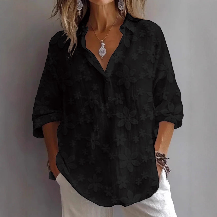 Floral Embroidered Blouse with V-Neck and 3/4 Sleeves