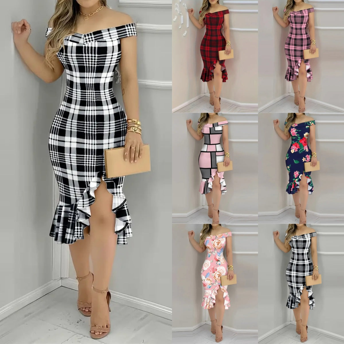 Plaid Bodycon Midi Dress with Off-Shoulder and Ruffled Hem