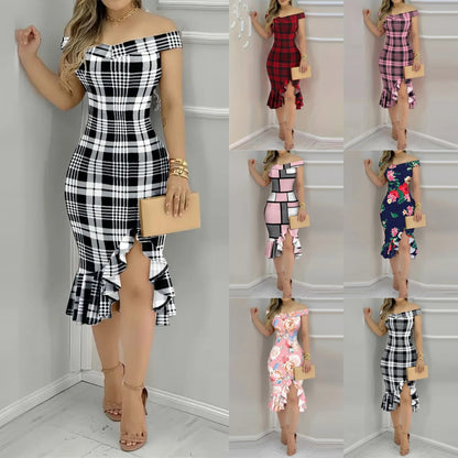 Plaid Bodycon Midi Dress with Off-Shoulder and Ruffled Hem
