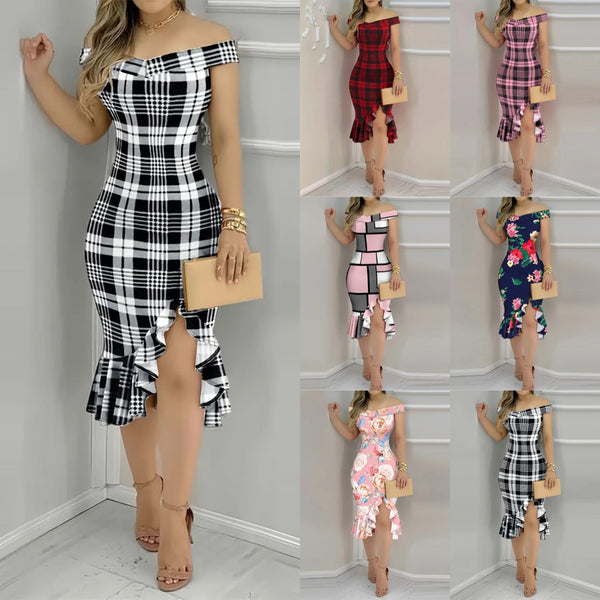Plaid Bodycon Midi Dress with Off-Shoulder and Ruffled Hem