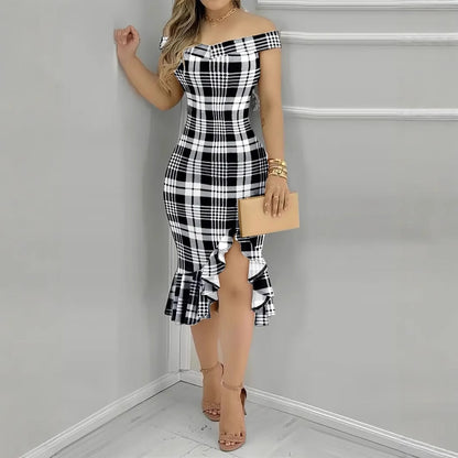 Plaid Bodycon Midi Dress with Off-Shoulder and Ruffled Hem