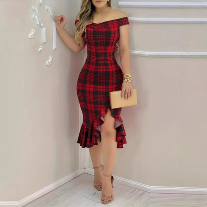 Plaid Bodycon Midi Dress with Off-Shoulder and Ruffled Hem