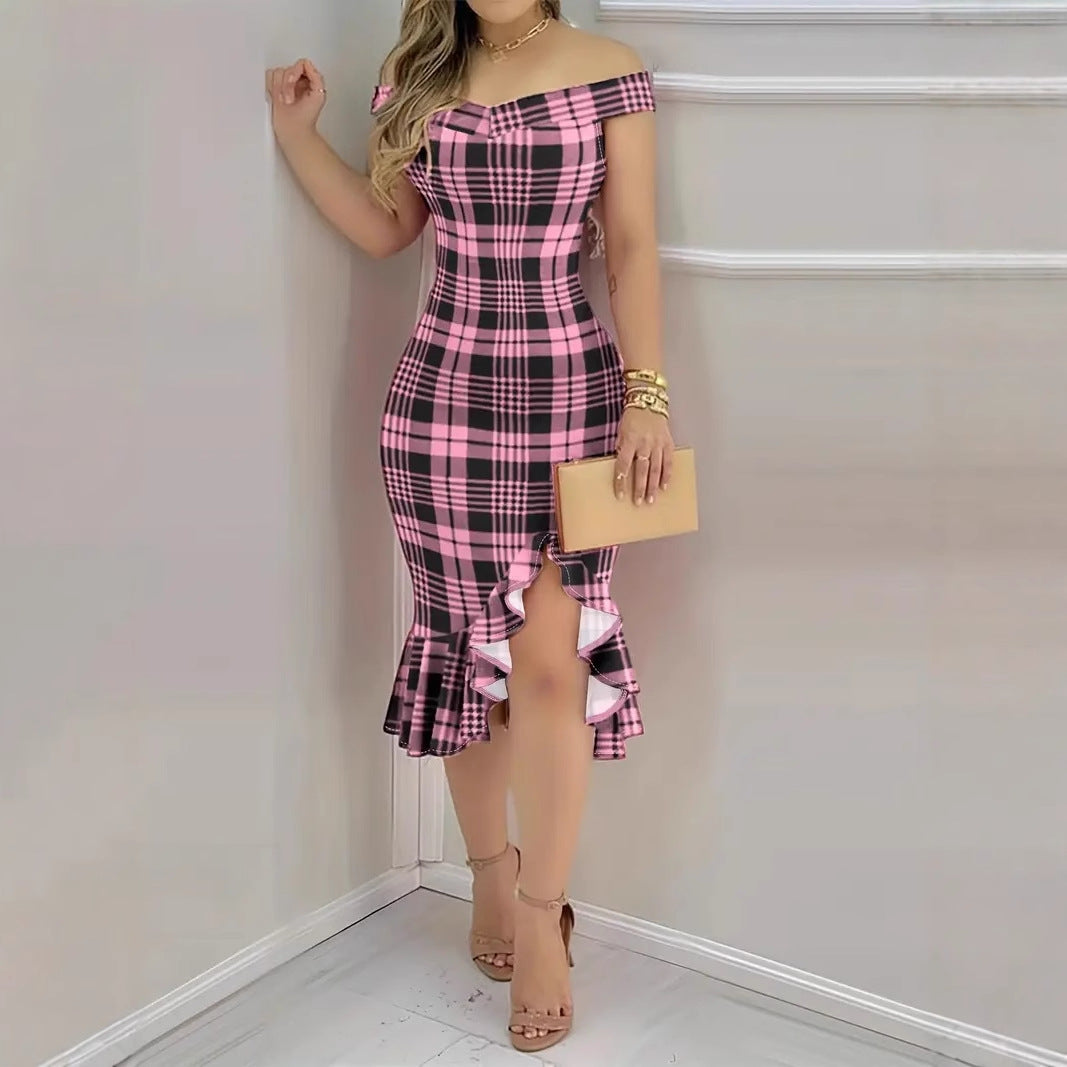 Plaid Bodycon Midi Dress with Off-Shoulder and Ruffled Hem