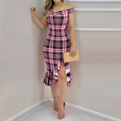 Plaid Bodycon Midi Dress with Off-Shoulder and Ruffled Hem