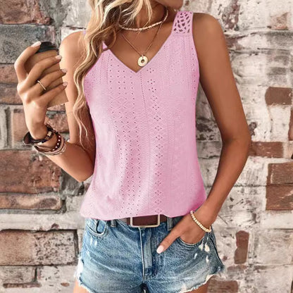 Solid V-Neck Tank Top with Crochet Lace Back