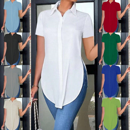 Short Sleeve Button-Down Shirt with Curved High-Low Hem