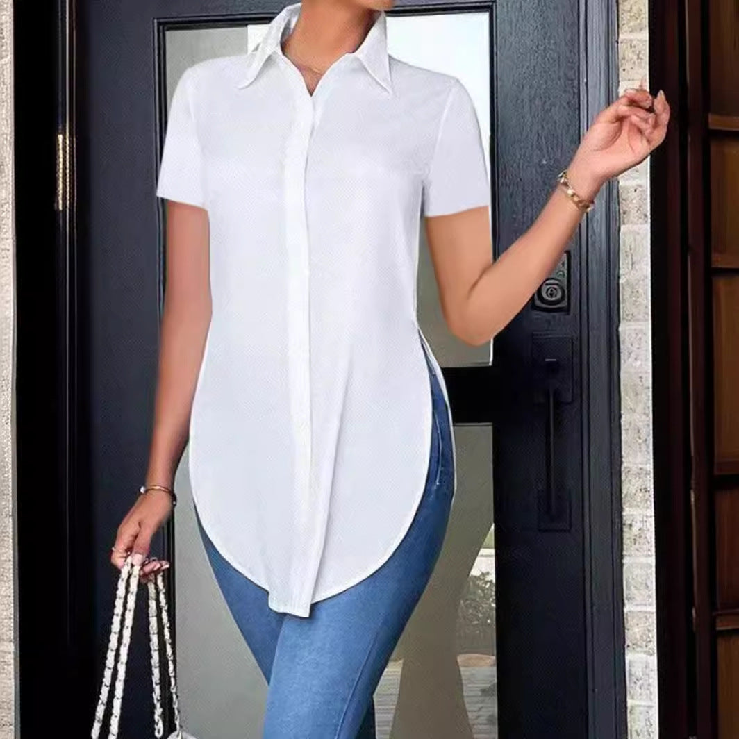 Short Sleeve Button-Down Shirt with Curved High-Low Hem