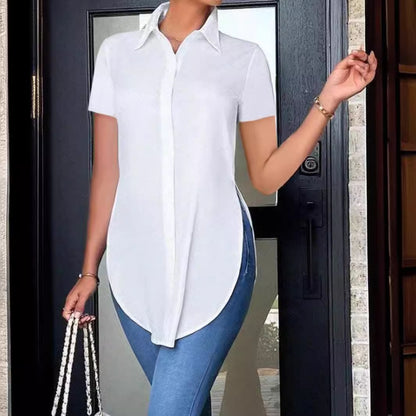 Short Sleeve Button-Down Shirt with Curved High-Low Hem