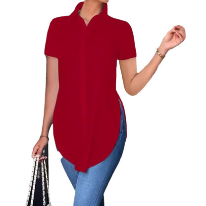 Short Sleeve Button-Down Shirt with Curved High-Low Hem