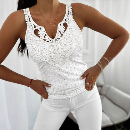 Slim Solid Vest with Openwork Lace V-Neck and Eyelet Detail