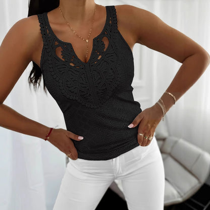 Slim Solid Vest with Openwork Lace V-Neck and Eyelet Detail
