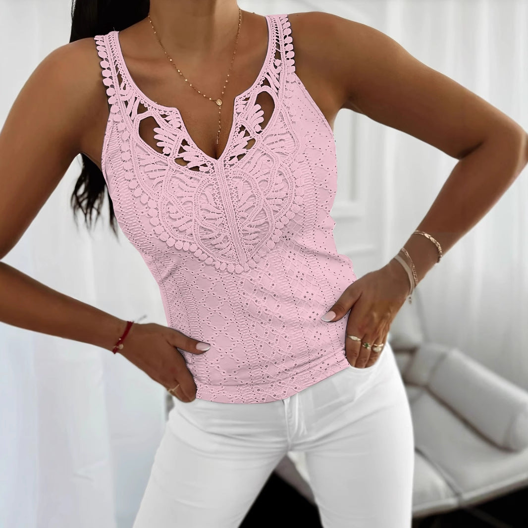 Slim Solid Vest with Openwork Lace V-Neck and Eyelet Detail