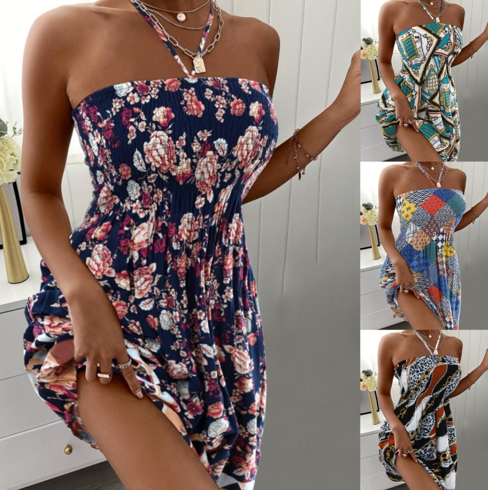 Floral Print Midi Dress with Halter Neck and Smocked Bodice