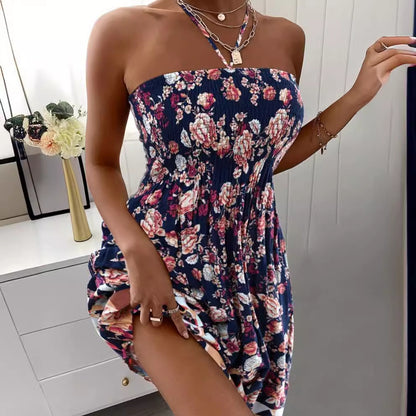 Floral Print Midi Dress with Halter Neck and Smocked Bodice