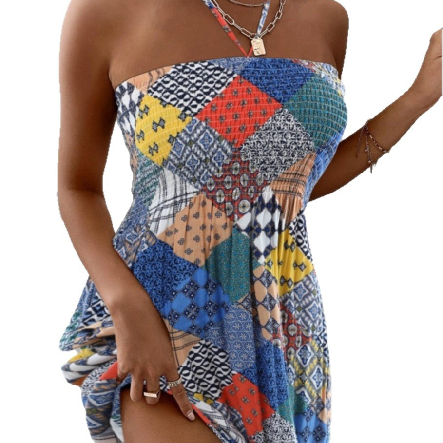 Floral Print Midi Dress with Halter Neck and Smocked Bodice