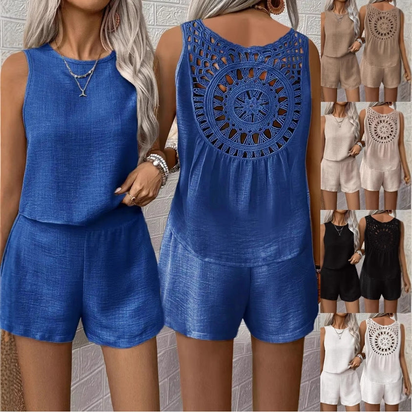 Solid Color Sleeveless Shorts Set with Hollow Lace Back
