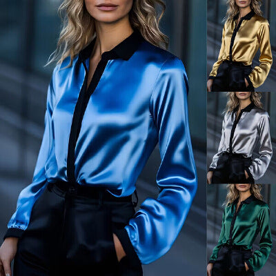 Satin Button-Down Shirt with Contrast Trim
