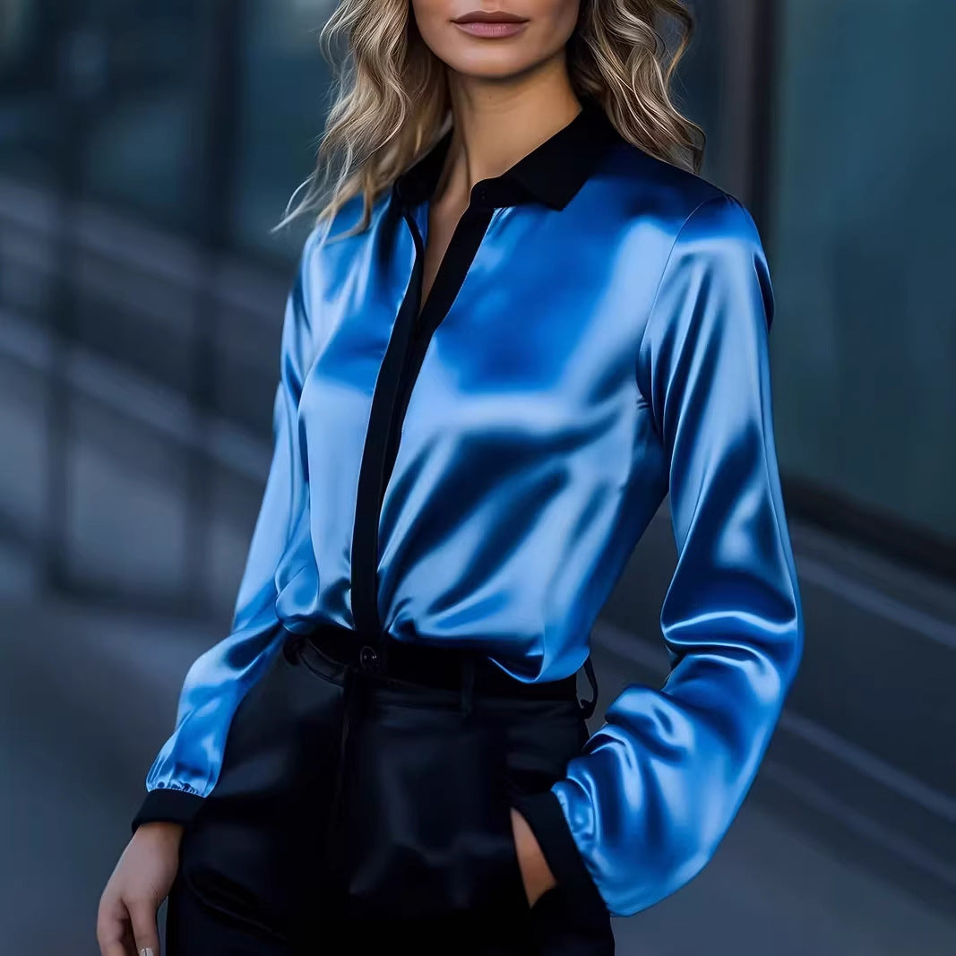 Satin Button-Down Shirt with Contrast Trim