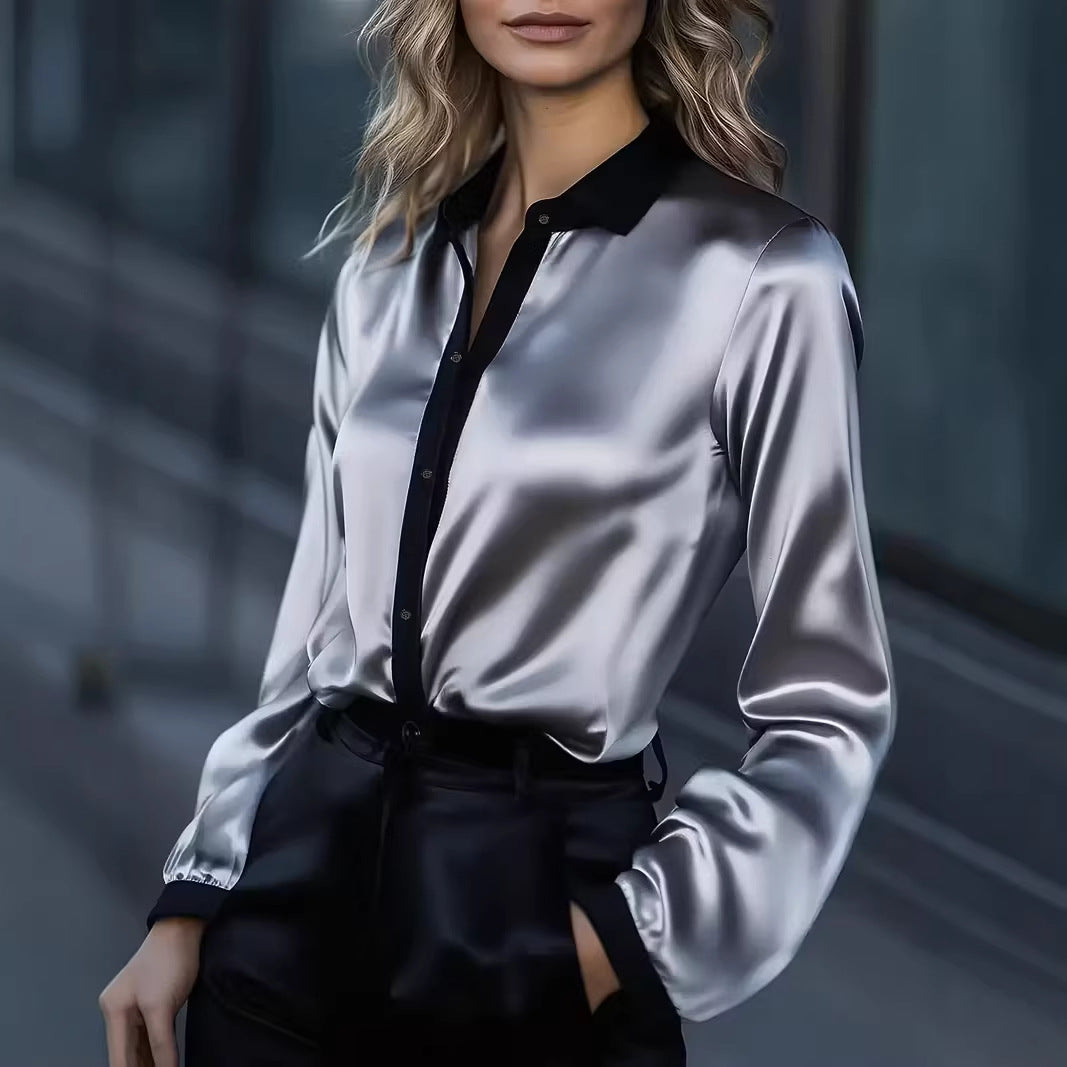 Satin Button-Down Shirt with Contrast Trim