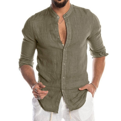 Solid Linen-Blend Button-Front Shirt with Stand Collar