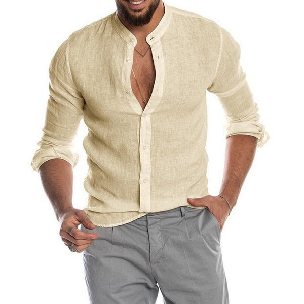 Solid Linen-Blend Button-Front Shirt with Stand Collar
