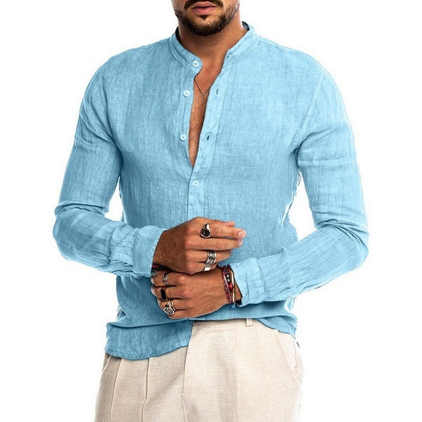 Solid Linen-Blend Button-Front Shirt with Stand Collar