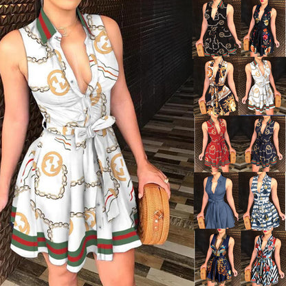 Scarf Print A-Line Mini Dress with Collared V-Neck and Tie-Waist