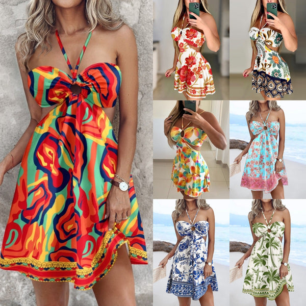 Printed Mini Dress with Halter Neck and Cut-out Waist