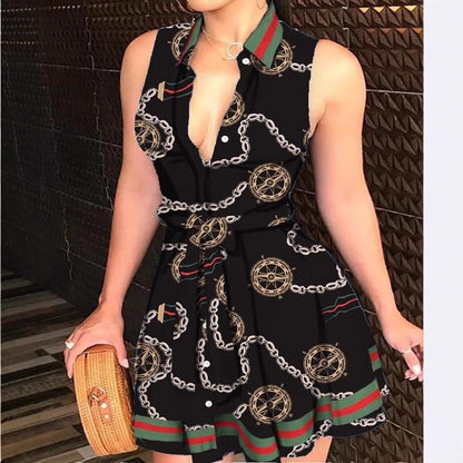 Scarf Print A-Line Mini Dress with Collared V-Neck and Tie-Waist