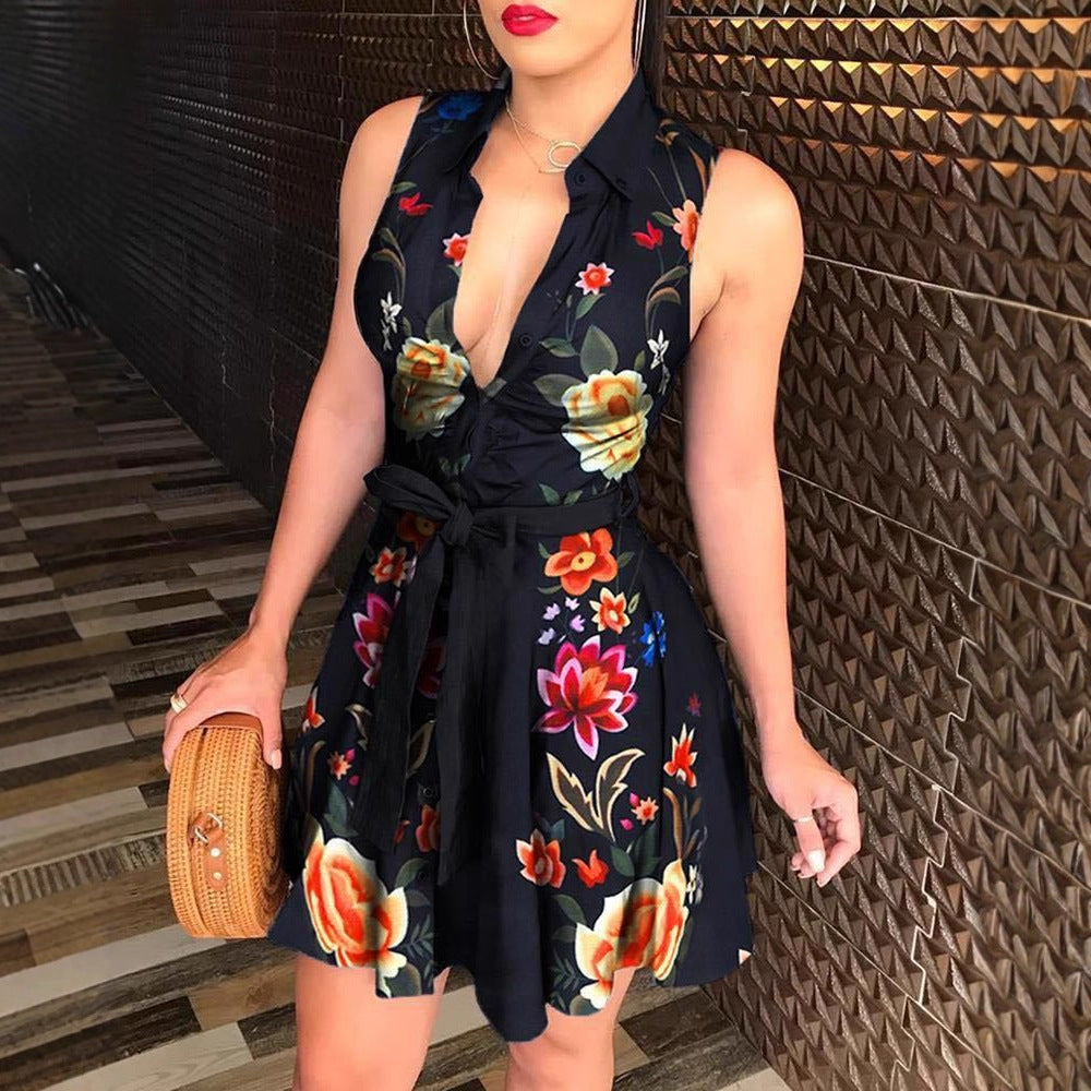 Scarf Print A-Line Mini Dress with Collared V-Neck and Tie-Waist