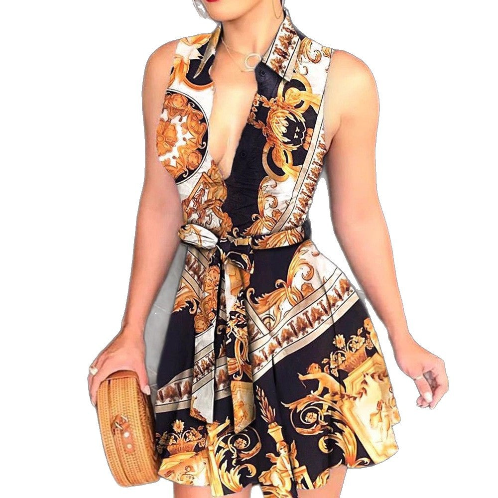 Scarf Print A-Line Mini Dress with Collared V-Neck and Tie-Waist