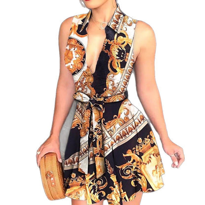 Scarf Print A-Line Mini Dress with Collared V-Neck and Tie-Waist