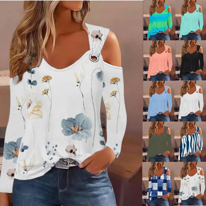 Printed Cold Shoulder Top with V-Neck and Metal Ring