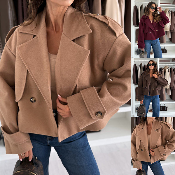 Solid Cropped Jacket with Lapel Collar and Double-Breasted Buttons