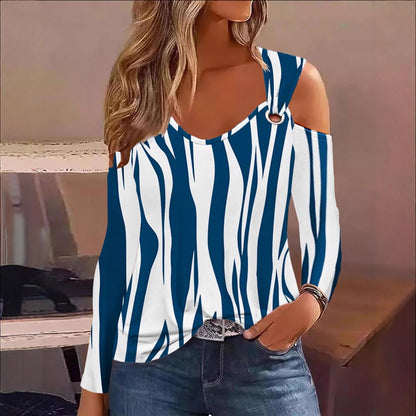Printed Cold Shoulder Top with V-Neck and Metal Ring