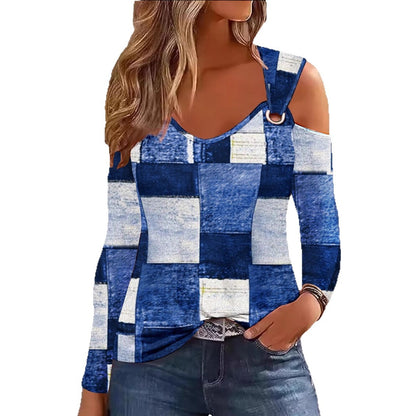 Printed Cold Shoulder Top with V-Neck and Metal Ring