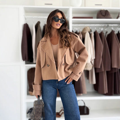 Solid Cropped Jacket with Lapel Collar and Double-Breasted Buttons