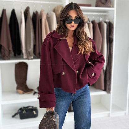 Solid Cropped Jacket with Lapel Collar and Double-Breasted Buttons